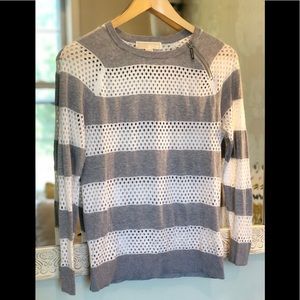 Michael Kors Sweater: Lightweight Gray & White Perforated Stripes - Size Small
